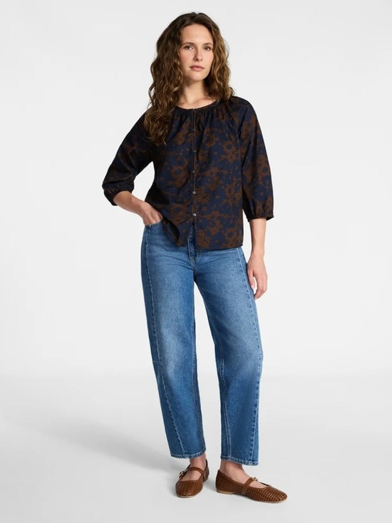 Time and Tru Tops - Time and Tru Navy and Brown Floral Boho Cottagecore Button-Down Blouse Size M